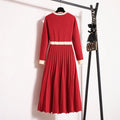 2026 New Autumn Winter Women O-neck Long Sleeve Knitted Pleated A-line Dress Christmas Party Red Sweater Long Dresses
