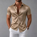 Men's shirt, navy blue short sleeved shirt, slim fit lapel shirt, light luxury business casual men's top, comfortable fabric