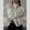 Women Victorian Lace Ruffle Blouse Stand Collar Sheer Puff Long Sleeve Elegant Vintage Shirt Tops