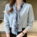 H Han Queen Elegant Autumn Bow Chiffon Simple Office Lady Blouse Female Shirt Loose Tops Long Sleeve Casual OL Blouses Women