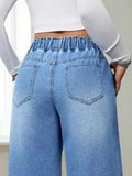 European American Trend Loose Casual High Waist Women Denim Jeans 2026 Autumn Elastic Waist Wide Leg Floor-Length Pants