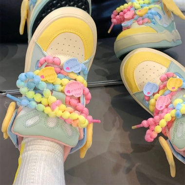 Macaron Color Block Angel Wings Skate Shoes Women Colorful Beaded Heart Sweet Thick Sole Casual Sneakers