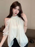 New Summer Off Shoulder Sweet Elegant Chiffon Blouse Fashion Women Round Neck Solid Short Flare Sleeve Shirt Casual Loose Top