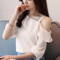 Women's Shirt Tops One-Shoulder Ruffles Short-sleeved Chiffon Blouse
