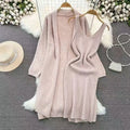 Sweet Pink Knitted Camisole Dress Two-piece Suit Women Casual Slim Long Sleeve Cardigan+Suspenders Vintage Sweet Chic Dresses
