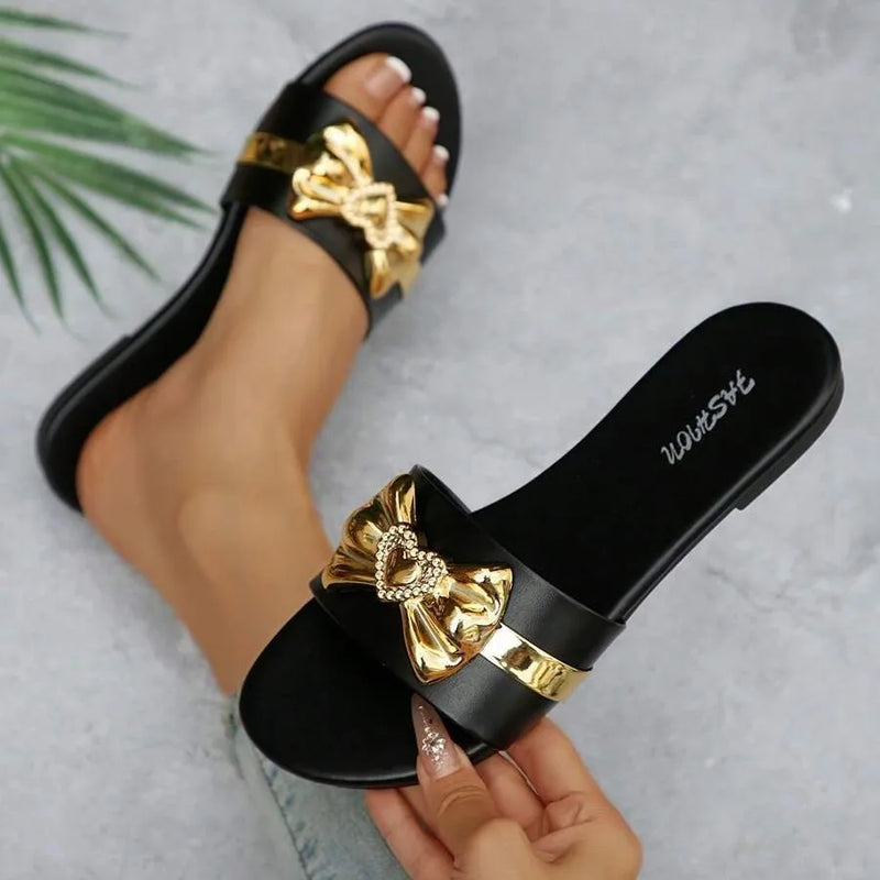 Women's Shoes New Fashion Slippers with Bowknot Buckle Versatile Solid Color Decorative Round-Toe Flat Sandals