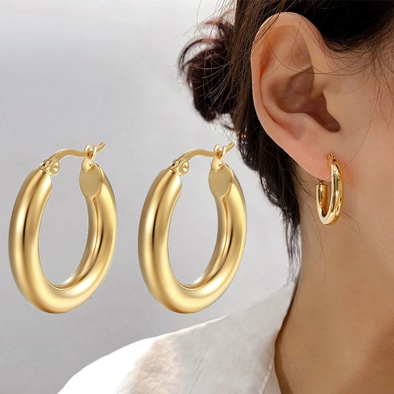 Women Earrings Hoop For Classic Fashion Smooth Round Hoop Earrings For Women Stainless Steel 5mm Thick Ear Buckle Huggie Earrings Circle Vintage Jewelry