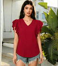 Women's V Neck Ruffle Sleeve Blouse Swiss Dot Loose Short Sleeve Summer Casual Tops