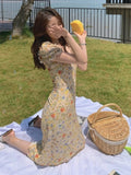 2026 Spring Summer New Sweet Gentle Printed Women's Dress Oil Painting Floral Puff Sleeve Korean Bellflower Chiffon Midi Dresses
