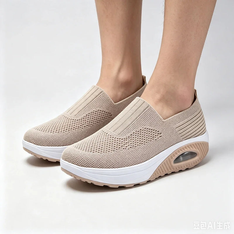 Women's Air Cushion Mesh Walking Shoes Breathable Slip On Platform Sneakers Casual Loafers