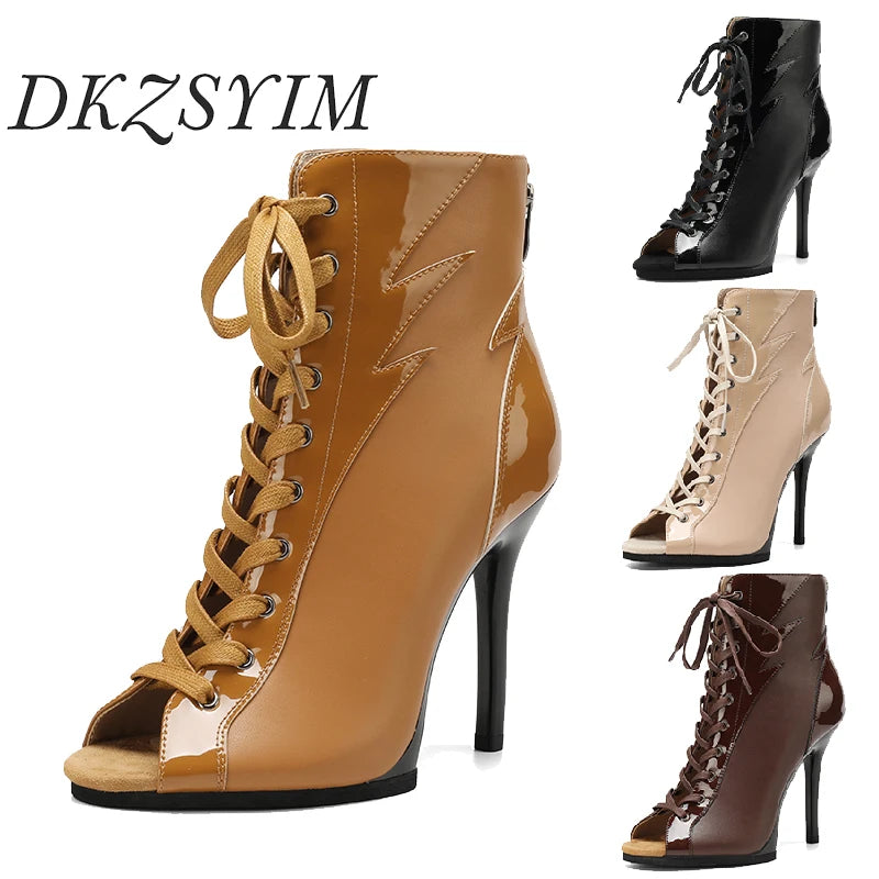 Women Sexy Thin High Heel Dance Shoes Party Ballroom Pole Jazz Lace Up Platform Dancing Boots Short Tube Heels 9.5/11cm Booties