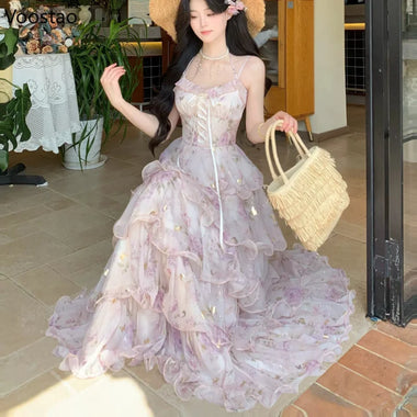 France Style Sweet Floral Dress Women Elegant Bandage Slim Party Ruffles Long Dress Summer Female Beach Vacation Fairy Dresses