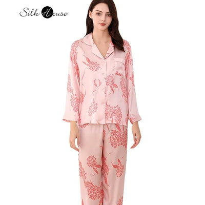2024 Women's Fashion Spring/Autumn New 100% Natural Mulberry Silk Printed Long Sleeve Home Clothing Pajamas Two Piece Set