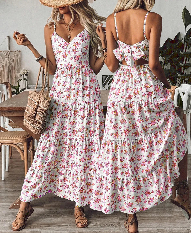 2026Women Floral Spaghetti Strap Maxi Dress V Neck Back Bow Tiered Ruffle Sundress Bohemian Summer Beach Casual Dress