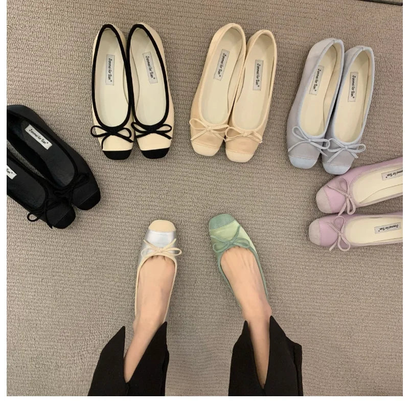 New Elegant Ballet Shoes Woman Classic Square Toe Bowtie Ballerina Flats Ladies Soft Loafers Comfortable Flat Shoes Ladies Shoes