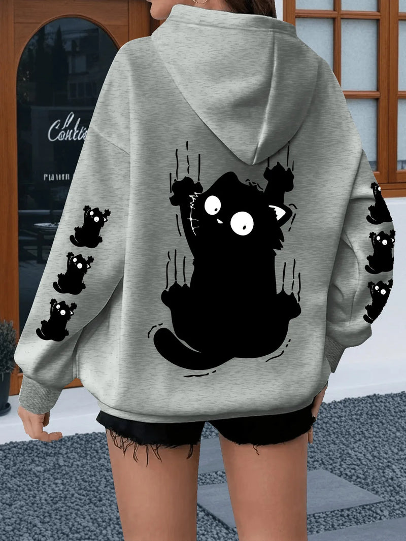 Scared little black cat minimalist black and white print hoodie for large size women's sweatshirt winter clothes women