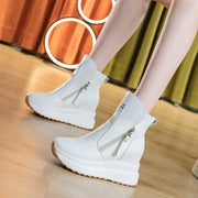 Women Ankle Boots Wedge White Leather Wedge Ankle Boots For Women With Side Zipper Design Round Toe Non Slip Thick Sole Comfortable Casual Outdoor New