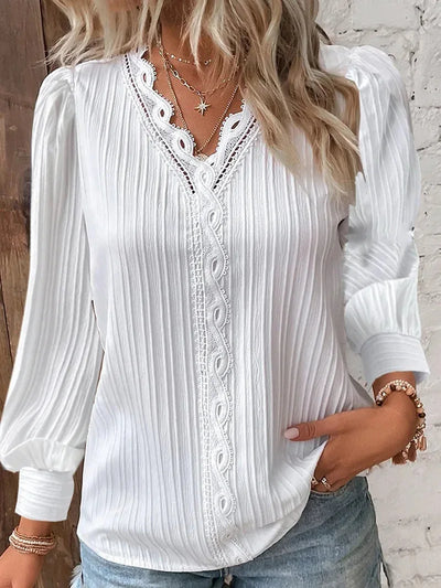 2024 Women's Fashion Lace Lace Loose Blouse Elegant Women's Spring And Autumn White Long Sleeved V-neck Casual Shirt