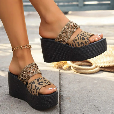 Women Wedge Slippers High Heels Peep ToeL Eopard Platform Sandals Ladies Thick Sole Summer Slides Women Shoes Zapatillas Mujer
