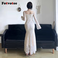 FOTVOTEE Chic French Style Lace Dresses Women See Through Long Sleeve Floral Decoration Maxi Dress Temperament Sexy Party Dress