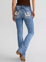 Embroidered Jeans High Waist Slim Straight Leg Washed Blue Denim Pants Decorative Back Pockets Casual Streetwear Women's Jeans
