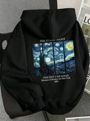 A women's hooded sweatshirt with trendy creative oil painting of starry sky pattern. A loose and versatile casual sports shirt.