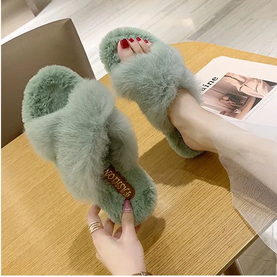 2026 Fashion One Word Thick Fur Slippers Double Fur Slippers Casual Home Cotton Shoes for Women Flat Plush Cross Straps Slippers