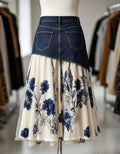 1. Plus Size Irregular Denim Waist Spliced Blue Floral Print Chiffon Midi Skirt Ladies Layered A-Line Skirt