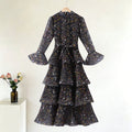 2026 Summer Autumn Chic Floral Women's Cake Dress Bell-Bottomed Sleeve Stand Collar Waist-Closed Lady Dresses New
