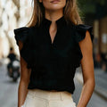 Women Stand Collar V Neck Ruffle Sleeveless Blouse Solid Color Office Shirt Tops