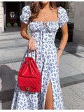 Women Maxi Dress Floral Print Long Dress Summer Puff Sleeve Ruffles Casual Elegant Holiday Party Dresses