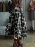 Women's Plaid Midi Skirt Elastic Waist Loose Pleated Long Flowy Mid Calf Skirt with Pockets 100% Polyester Vintage Casual