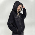Oversized Full Zip Hoodie Rhinestone Cross Spider Web Gothic Streetwear For Men Women