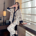 Women's 2 Piece Pajamas Set Floral Pijama Faux Silk Satin Pyjama Female Sleepwear Long Sleeve V-Neck Shirt Pants Suits Homewear