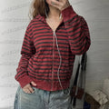 Y2K Women Vintage Striped Hoodie Sweatshirt Zipper Hooded Jacket Pocket Casual Hip Hop Streetwear Sporty Long Sleeve Tops E-girl