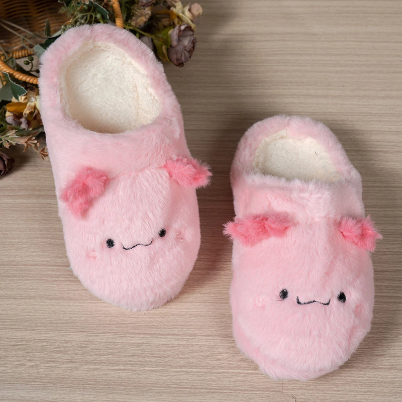 Women's Plush Slippers Cute Axolotl Animal Soft Furry Warm Funny Cartoon Slip On Indoor Non-slip Shoes for Home Holiday Gift