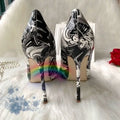 Autumn new style open toed slim heel 12cm black and white personalized graffiti patent leather pointed high heels single shoe