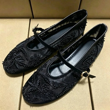 Women Mesh Embroidery Flower Ballet Flats Comfort Round Toe Breathable Mary Jane Shoes Fashion Brand Designer Shoes for Ladies