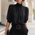 High Neck Puff Half Sleeve Chiffon Blouse Pleated Front Elegant Office Work Shirts Women Loose