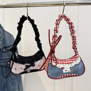 All-match Sweet French Stick Handbag Denim Blue Bow Plaid Shoulder Bag Large Capacity Lace Ribbon Cloth Underarm Bags Daily