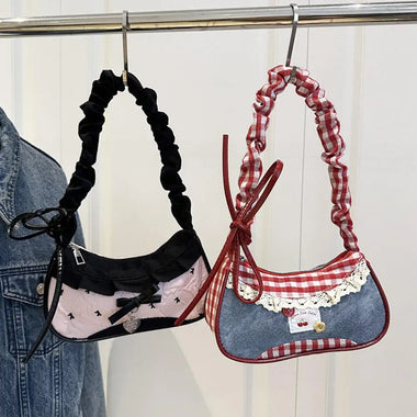 All-match Sweet French Stick Handbag Denim Blue Bow Plaid Shoulder Bag Large Capacity Lace Ribbon Cloth Underarm Bags Daily