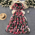 French Retro V-Neck Ruffle Sleeves Pleated Floral Dress For Women 2025 Summer High Waist Slimming Chiffon Long Dress w104