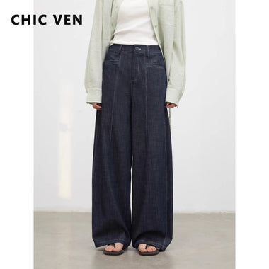 CHIC VEN Fashion Women Jeans High Waist Loose Casual Straight Leg Wide Leg Bright Line Ladies Denim Pants Spring Summer 2026