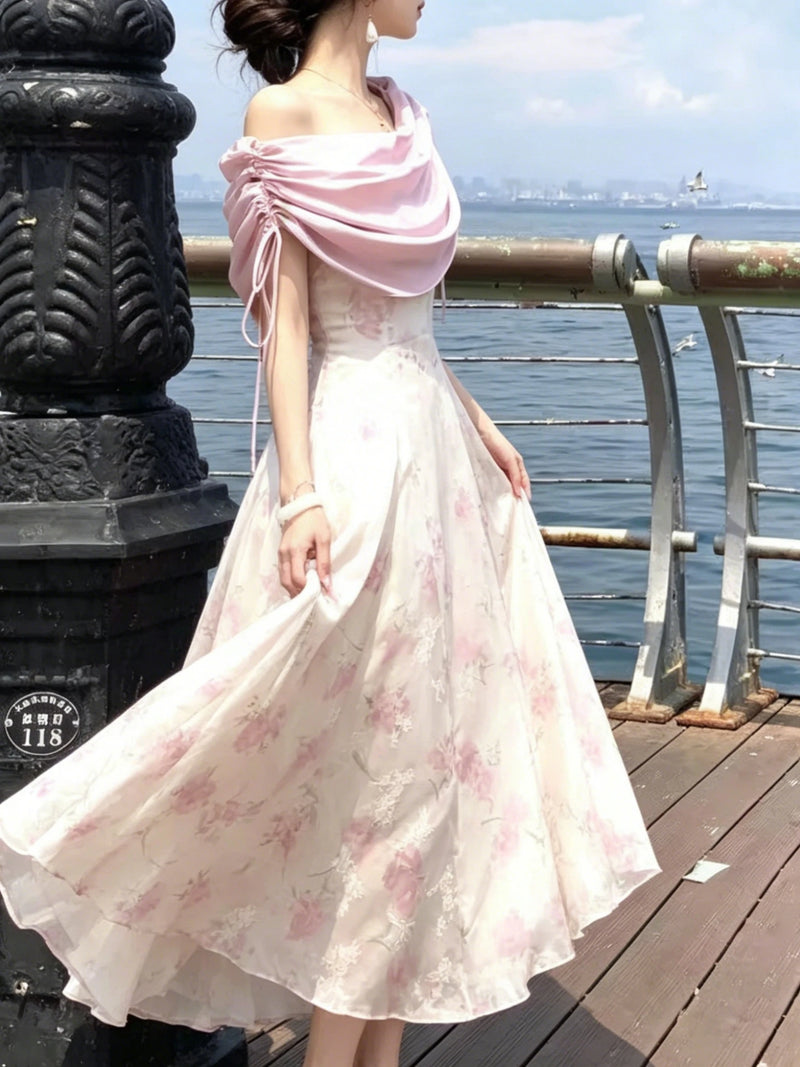 2026 Summer Elegant Pink Floral Print Off Shoulder Maxi Dress Satin Draped A Line Long Dress For Women Party Evening Bridesmaid