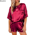 2PCS/Set 2026 Spring and Summer Women Pajamas O-neck Solid Soft Simulation Silk Homewear Short-Sleeved Casual Ladies Loungewear