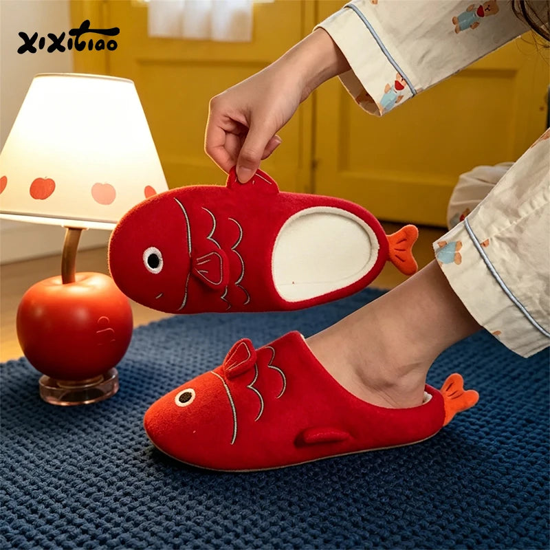 XIXITIAO Women's Cartoon Indoor Slippers Autumn Winter Fashion Festive Cute Red Carp Light Home Closed-toe Flats Anti-slip Shoes