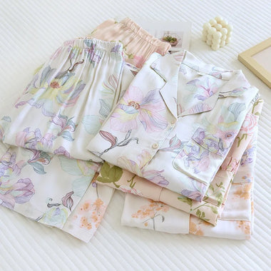 2026 Spring/Summer New Women's Pajama Set Gongsatin Cotton Women's Pajama Silk Viscose Fiber Silk Smooth High end Home 2-Piece