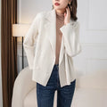 Miyake Pleated Women Cream Ribbed Knit Blazer Lapel Double Breasted Long Sleeve Slim Jacket Elegant Office Outerwear