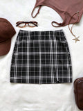 Women Elastic Waist Checkered Split Hem Mini Skirt Slim Fit Y2K Sexy Xmas Party Vintage Preppy Skirt