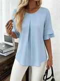 Women Round Neck Double Ruffle Half Sleeve Blouse Solid Front Pleat Loose Flowy Chiffon Tunic Top Office Casual Shirt